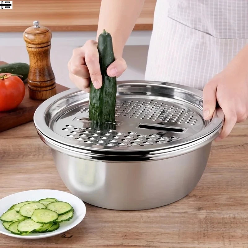 Elevate Your Kitchen Experience with Our 3-Piece Stainless Steel Multifunctional Strainer and Mixing Bowl Set for Effortless Fruit and Vegetable Preparation.
