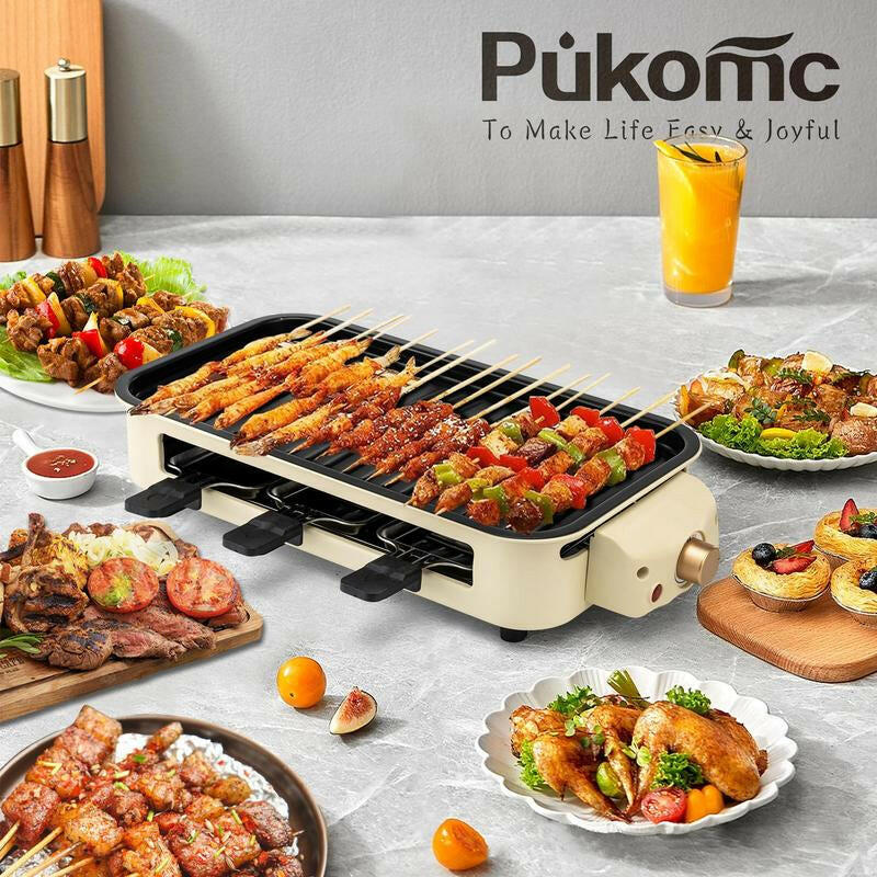 Pukomc 1500W Smokeless Indoor Electric Grill - Non-Stick Plate, 3 Raclette Pans & Dishwasher-Safe Parts for Perfect Steaks, Hot Dogs & More!.
