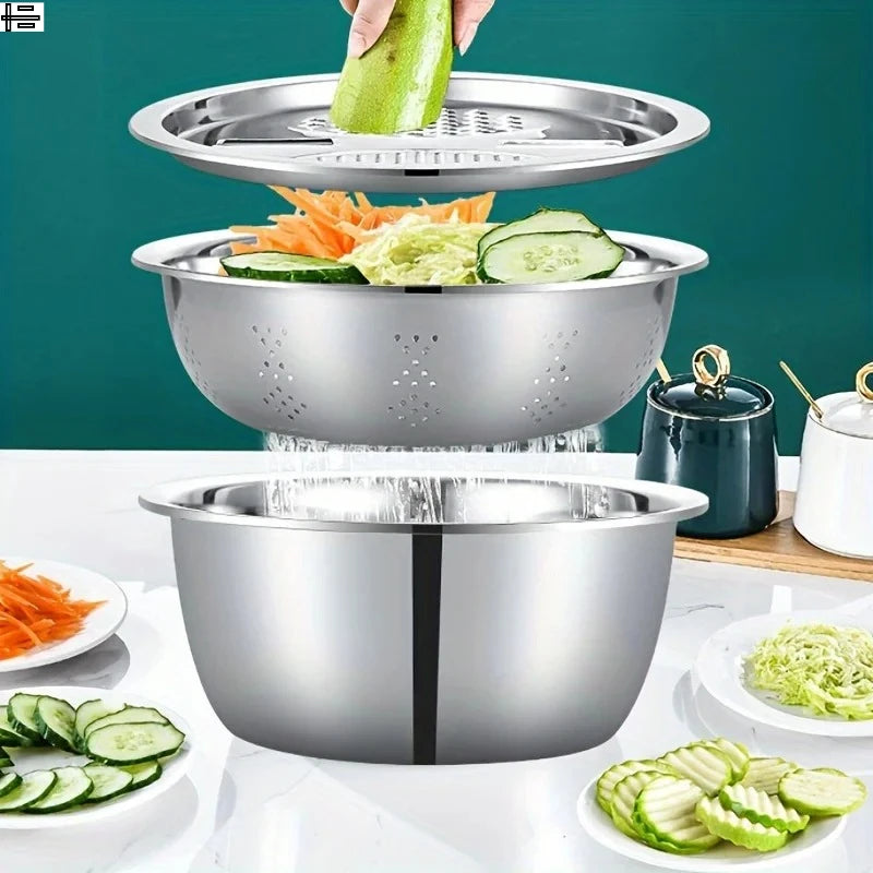Elevate Your Kitchen Experience with Our 3-Piece Stainless Steel Multifunctional Strainer and Mixing Bowl Set for Effortless Fruit and Vegetable Preparation.