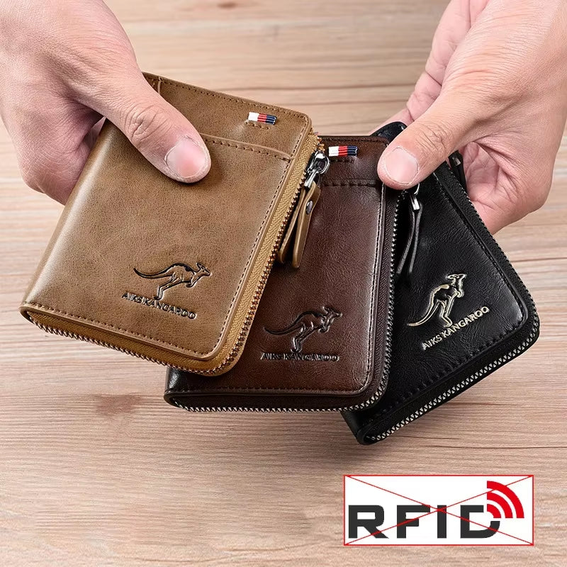 Sleek Men's Luxury PU Leather Wallet with RFID Protection - Stylish Zipper Purse for Business and Everyday Use.