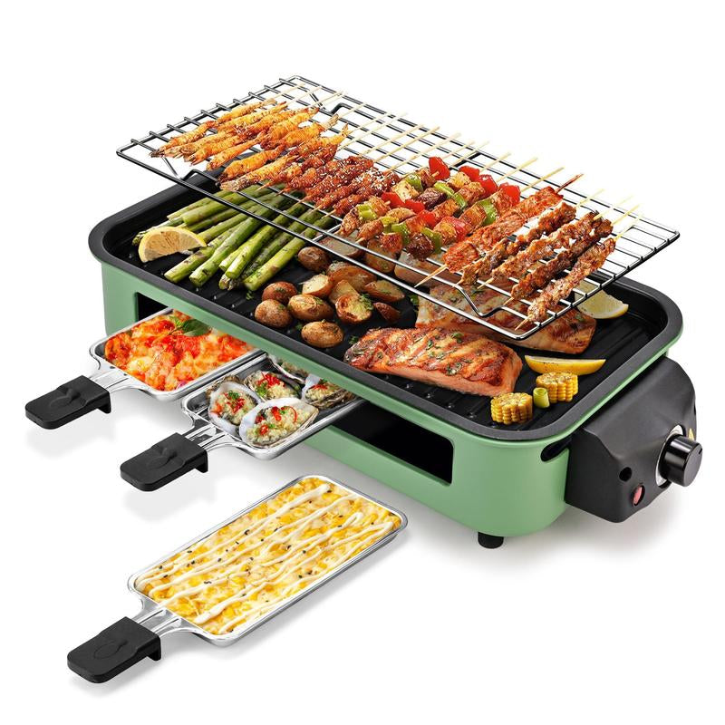 Pukomc 1500W Smokeless Indoor Electric Grill - Non-Stick Plate, 3 Raclette Pans & Dishwasher-Safe Parts for Perfect Steaks, Hot Dogs & More!.
