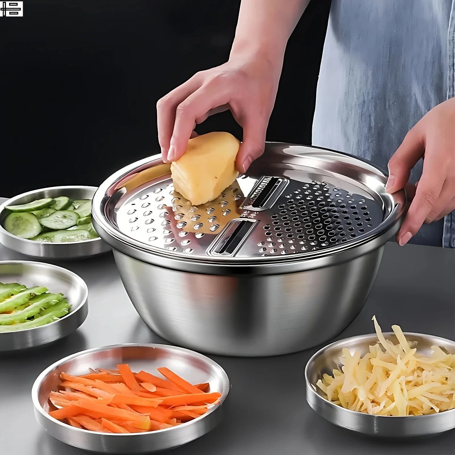 Elevate Your Kitchen Experience with Our 3-Piece Stainless Steel Multifunctional Strainer and Mixing Bowl Set for Effortless Fruit and Vegetable Preparation.