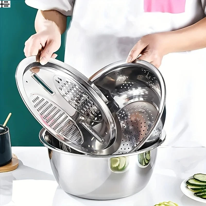 Elevate Your Kitchen Experience with Our 3-Piece Stainless Steel Multifunctional Strainer and Mixing Bowl Set for Effortless Fruit and Vegetable Preparation.