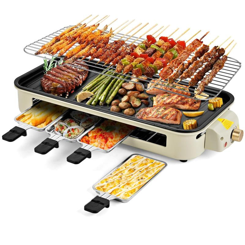 Pukomc 1500W Smokeless Indoor Electric Grill - Non-Stick Plate, 3 Raclette Pans & Dishwasher-Safe Parts for Perfect Steaks, Hot Dogs & More!.