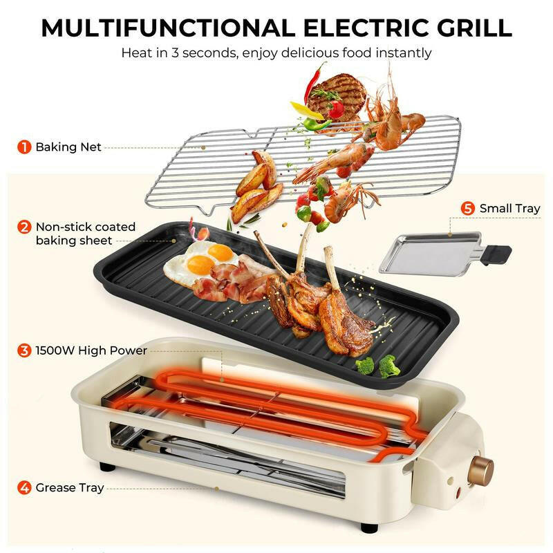Pukomc 1500W Smokeless Indoor Electric Grill - Non-Stick Plate, 3 Raclette Pans & Dishwasher-Safe Parts for Perfect Steaks, Hot Dogs & More!.