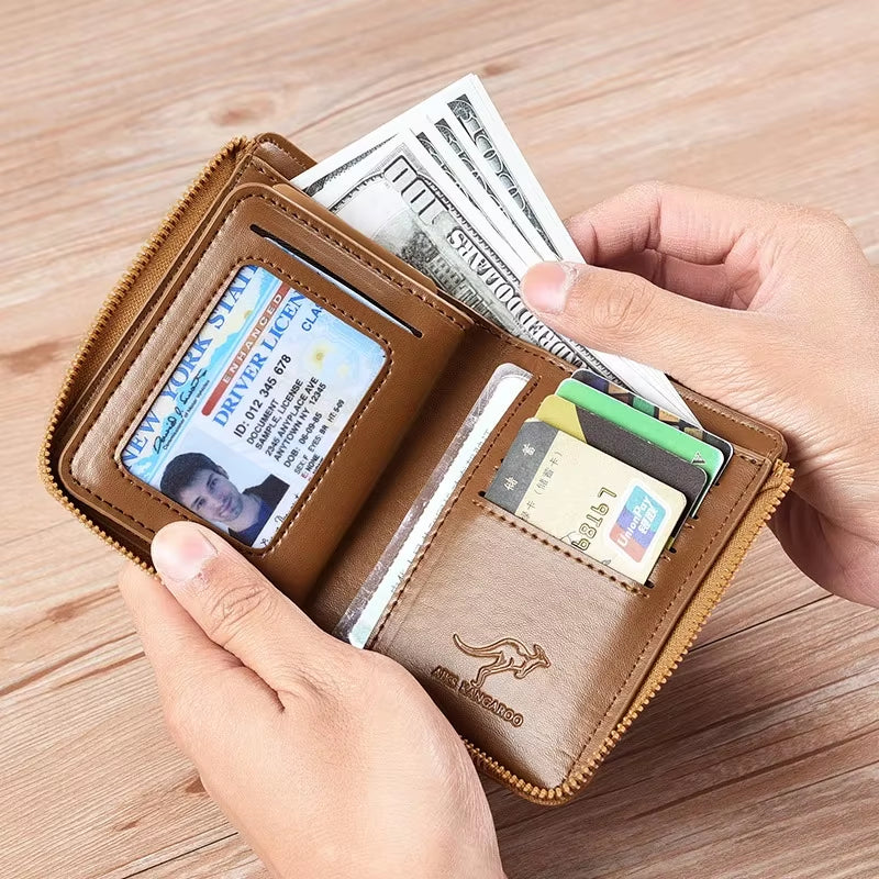 Sleek Men's Luxury PU Leather Wallet with RFID Protection - Stylish Zipper Purse for Business and Everyday Use.