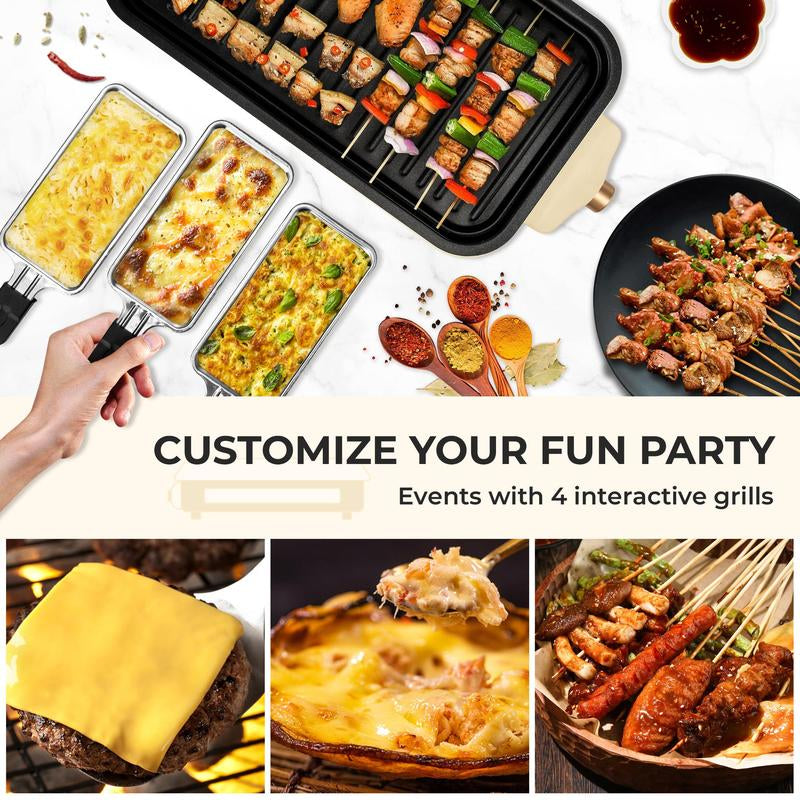 Pukomc 1500W Smokeless Indoor Electric Grill - Non-Stick Plate, 3 Raclette Pans & Dishwasher-Safe Parts for Perfect Steaks, Hot Dogs & More!.