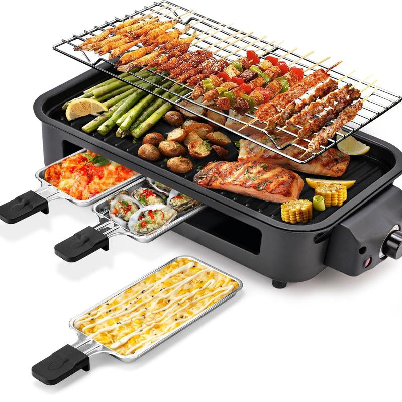 Pukomc 1500W Smokeless Indoor Electric Grill - Non-Stick Plate, 3 Raclette Pans & Dishwasher-Safe Parts for Perfect Steaks, Hot Dogs & More!.