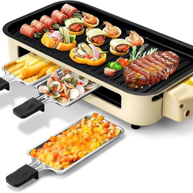 Pukomc 1500W Smokeless Indoor Electric Grill - Non-Stick Plate, 3 Raclette Pans & Dishwasher-Safe Parts for Perfect Steaks, Hot Dogs & More!.