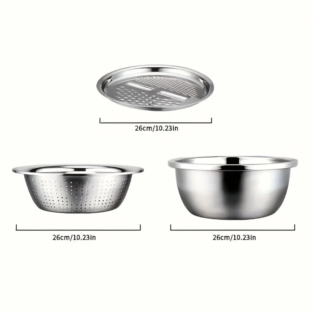 Elevate Your Kitchen Experience with Our 3-Piece Stainless Steel Multifunctional Strainer and Mixing Bowl Set for Effortless Fruit and Vegetable Preparation.