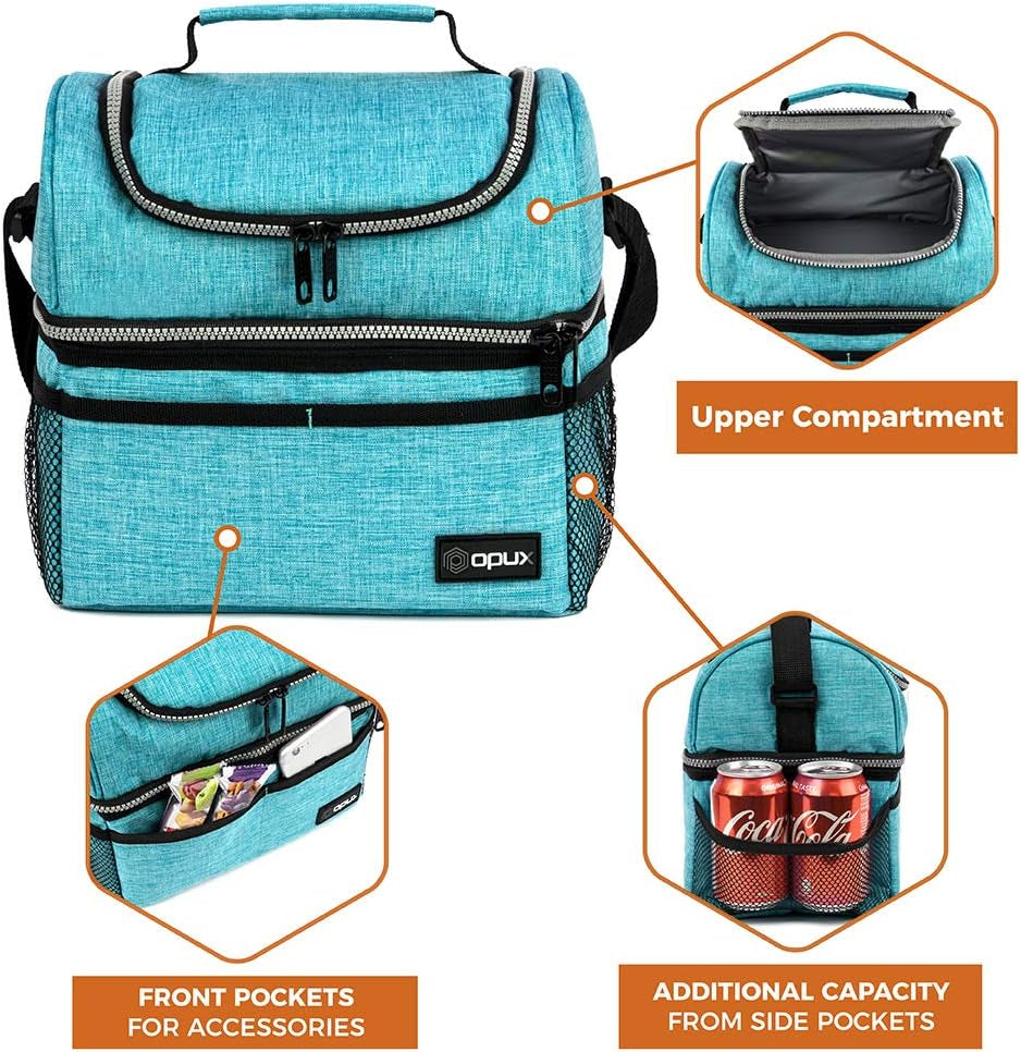 Stylish Insulated Lunch Bag for Men and Women - Large Double Decker Cooler with Dual Compartments, Perfect for Work, School, and Travel - Aqua Turquoise 12L.