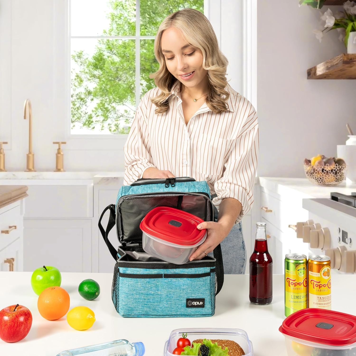 Stylish Insulated Lunch Bag for Men and Women - Large Double Decker Cooler with Dual Compartments, Perfect for Work, School, and Travel - Aqua Turquoise 12L.