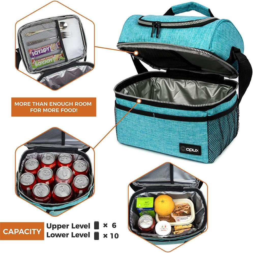 Stylish Insulated Lunch Bag for Men and Women - Large Double Decker Cooler with Dual Compartments, Perfect for Work, School, and Travel - Aqua Turquoise 12L.