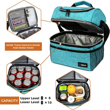 Stylish Insulated Lunch Bag for Men and Women - Large Double Decker Cooler with Dual Compartments, Perfect for Work, School, and Travel - Aqua Turquoise 12L.
