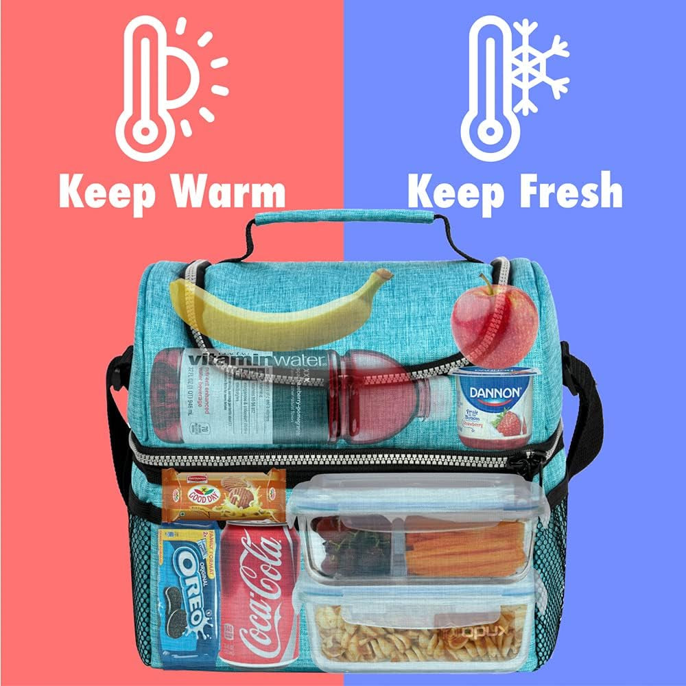 Stylish Insulated Lunch Bag for Men and Women - Large Double Decker Cooler with Dual Compartments, Perfect for Work, School, and Travel - Aqua Turquoise 12L.