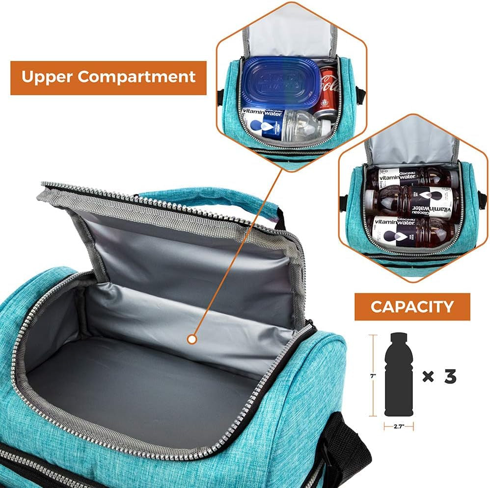 Stylish Insulated Lunch Bag for Men and Women - Large Double Decker Cooler with Dual Compartments, Perfect for Work, School, and Travel - Aqua Turquoise 12L.