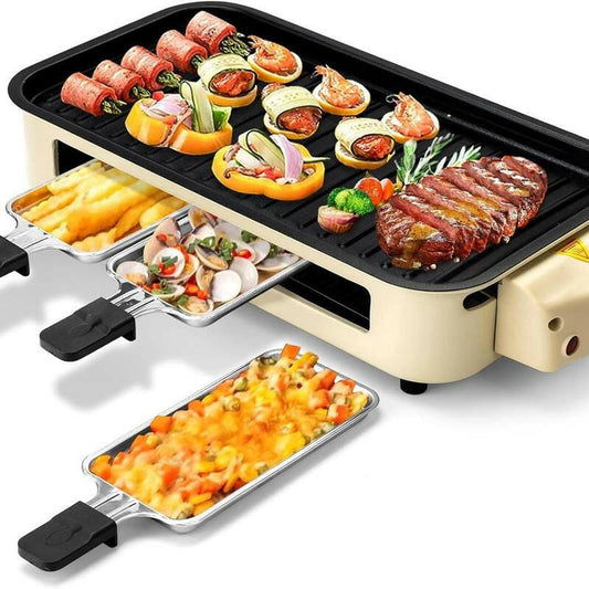 Pukomc 1500W Smokeless Indoor Electric Grill - Non-Stick Plate, 3 Raclette Pans & Dishwasher-Safe Parts for Perfect Steaks, Hot Dogs & More!.