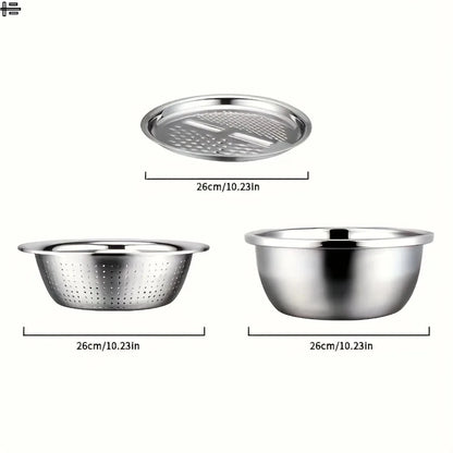 Elevate Your Kitchen Experience with Our 3-Piece Stainless Steel Multifunctional Strainer and Mixing Bowl Set for Effortless Fruit and Vegetable Preparation.