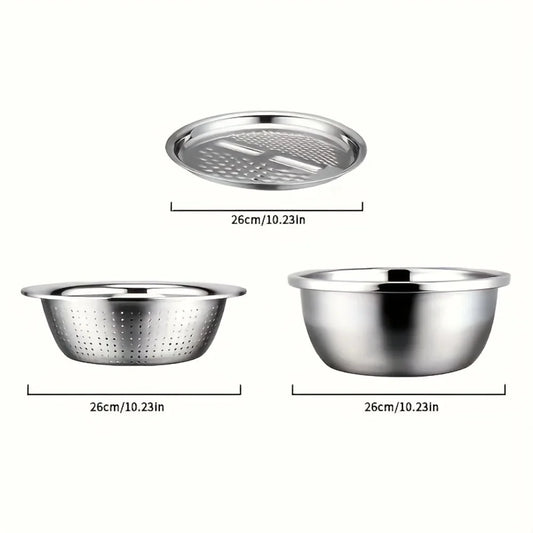 Elevate Your Kitchen Experience with Our 3-Piece Stainless Steel Multifunctional Strainer and Mixing Bowl Set for Effortless Fruit and Vegetable Preparation.